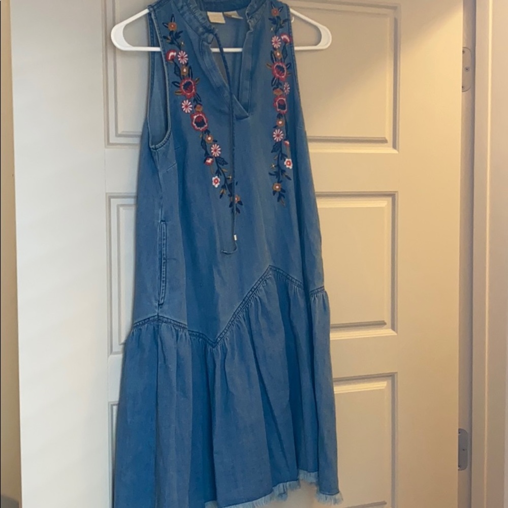 Flower embroidery denim dress